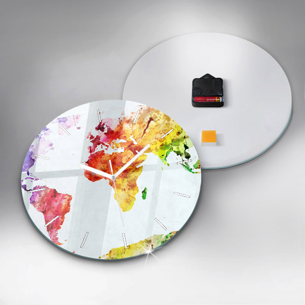 Kulaté skleněné hodiny s fotkou Akvarelová mapa světa