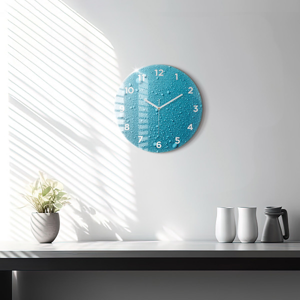 Kulaté skleněné hodiny s fotkou Kapky vody na skle