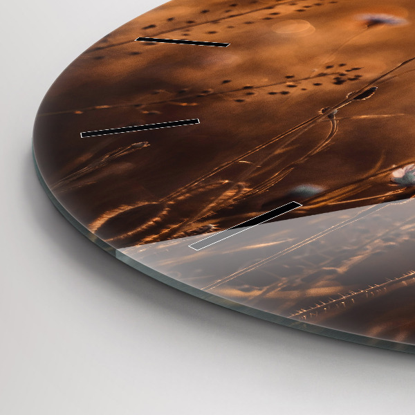 Kulaté skleněné hodiny s fotkou Východ slunce na poli