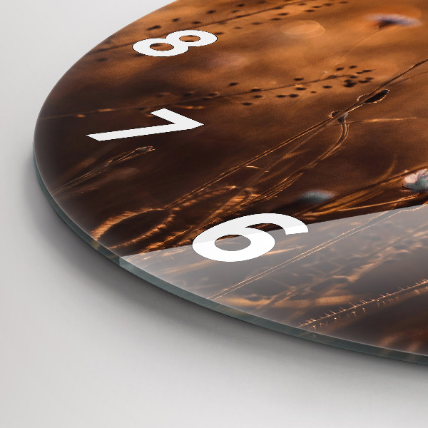 Kulaté skleněné hodiny s fotkou Východ slunce na poli