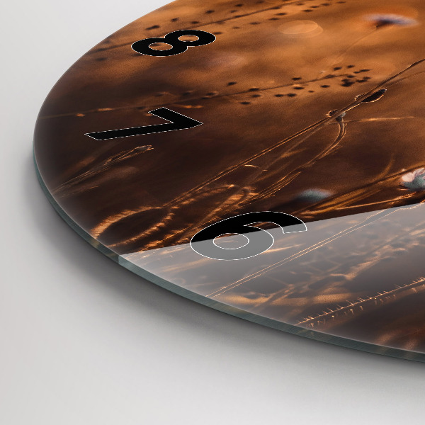 Kulaté skleněné hodiny s fotkou Východ slunce na poli