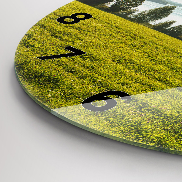 Kulaté skleněné hodiny s fotkou Hory a pole