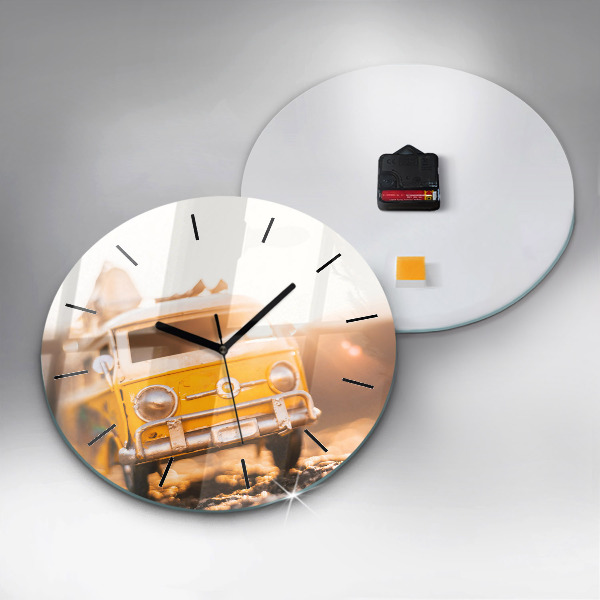 Kulaté skleněné hodiny s fotkou Auto na dovolené