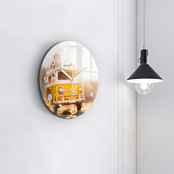 Kulaté skleněné hodiny s fotkou Auto na dovolené