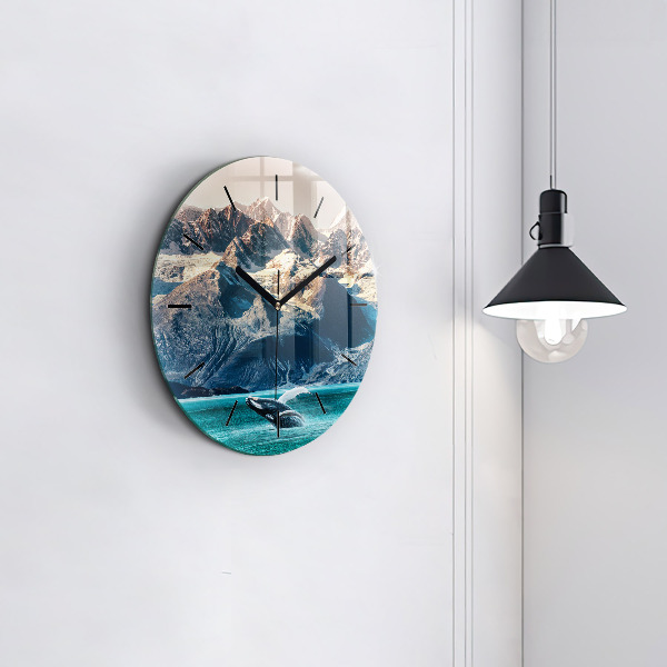 Kulaté skleněné hodiny s fotkou Velrybí voda