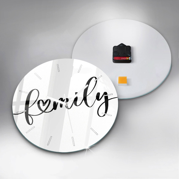 Kulaté skleněné hodiny s fotkou Rodinný nápis a srdce