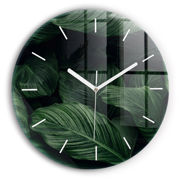 Kulaté skleněné hodiny s fotkou Tropická monstera