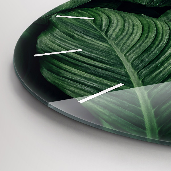 Kulaté skleněné hodiny s fotkou Tropická monstera