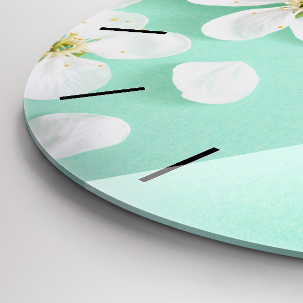 Kulaté skleněné hodiny s fotkou Květy jabloní