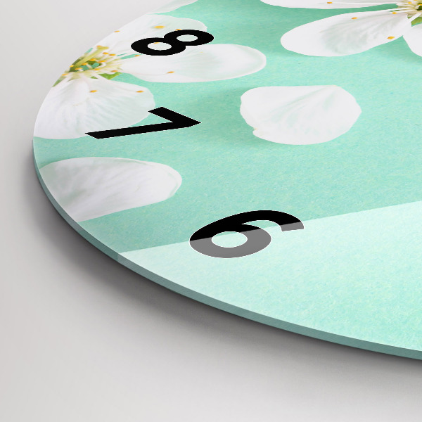 Kulaté skleněné hodiny s fotkou Květy jabloní