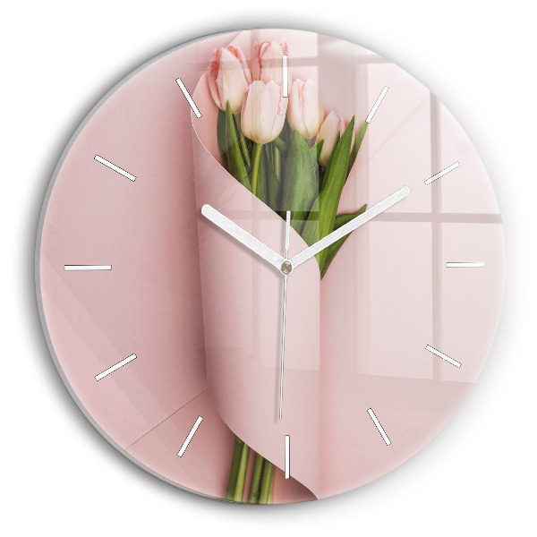 Kulaté skleněné hodiny s fotkou Kytice tulipánů