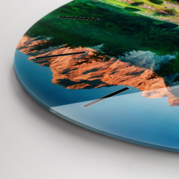 Kulaté skleněné hodiny s fotkou Jezerní krajina