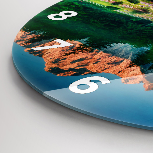 Kulaté skleněné hodiny s fotkou Jezerní krajina