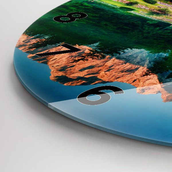 Kulaté skleněné hodiny s fotkou Jezerní krajina