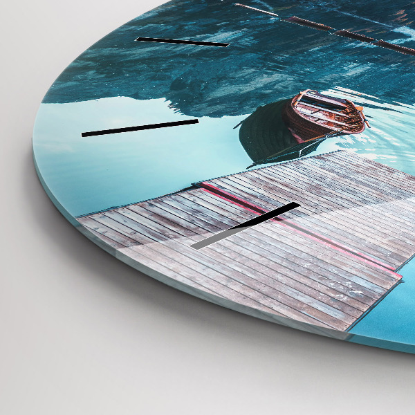 Kulaté skleněné hodiny s fotkou Lodě na jezeře