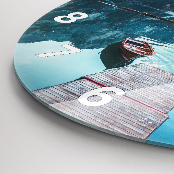 Kulaté skleněné hodiny s fotkou Lodě na jezeře