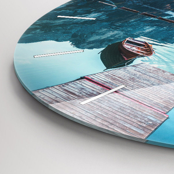 Kulaté skleněné hodiny s fotkou Lodě na jezeře