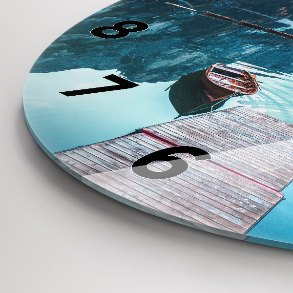 Kulaté skleněné hodiny s fotkou Lodě na jezeře