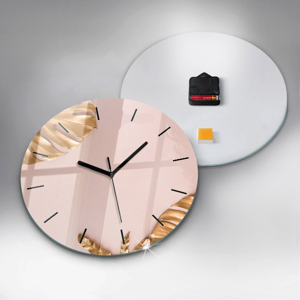 Kulaté skleněné hodiny s fotkou Zlaté tropické listy