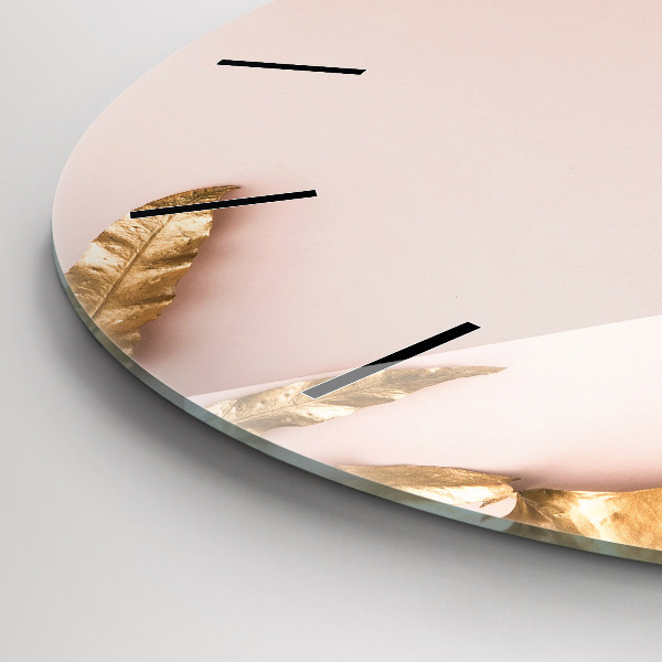 Kulaté skleněné hodiny s fotkou Zlaté tropické listy