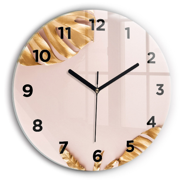 Kulaté skleněné hodiny s fotkou Zlaté tropické listy