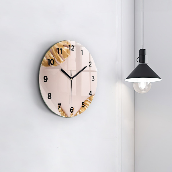 Kulaté skleněné hodiny s fotkou Zlaté tropické listy