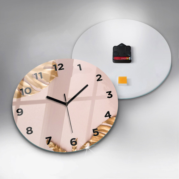 Kulaté skleněné hodiny s fotkou Zlaté tropické listy