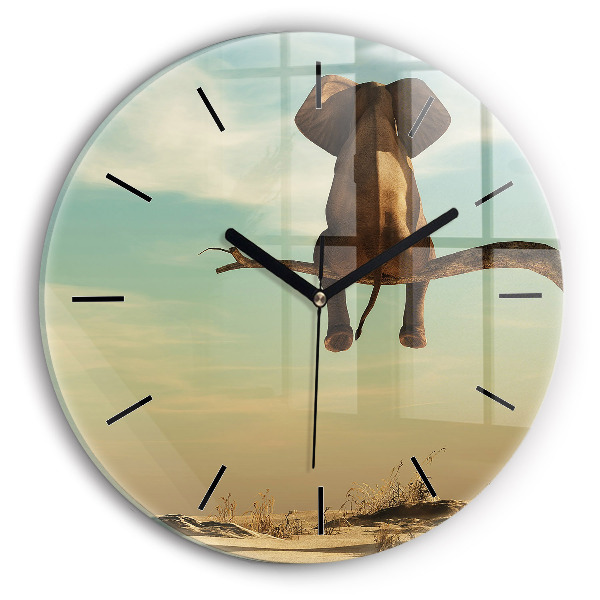 Kulaté skleněné hodiny s fotkou Slon na stromě