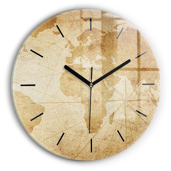 Kulaté skleněné hodiny s fotkou Vintage mapa světa