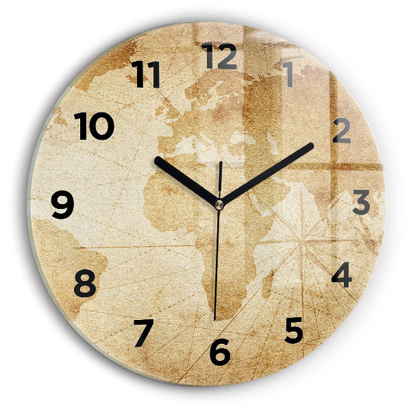 Kulaté skleněné hodiny s fotkou Vintage mapa světa