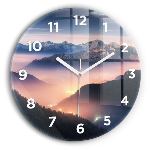 Kulaté skleněné hodiny s fotkou Krajina horských vrcholů