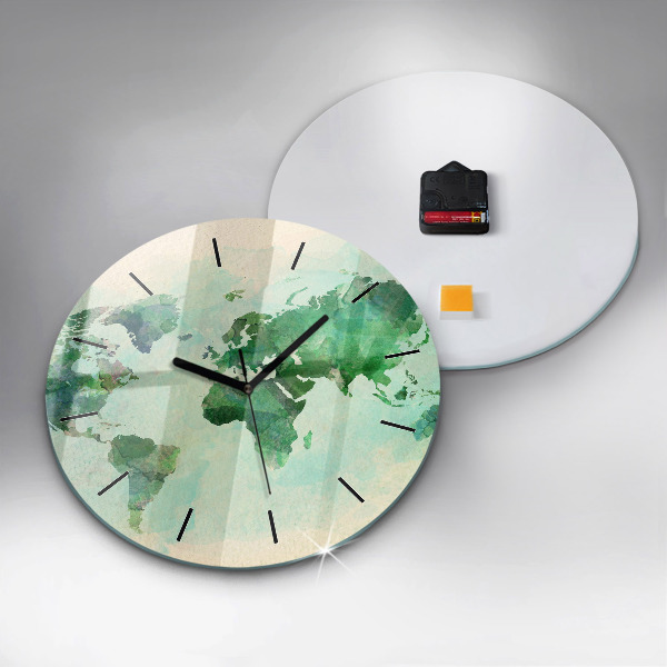 Kulaté skleněné hodiny s fotkou Akvarelová mapa světa
