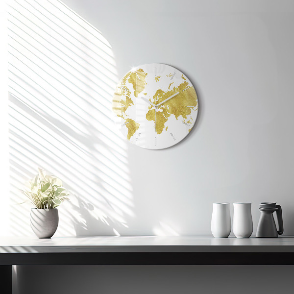 Kulaté skleněné hodiny s fotkou Zlatá mapa světa