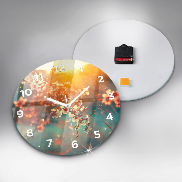 Kulaté skleněné hodiny s fotkou Jarní květiny