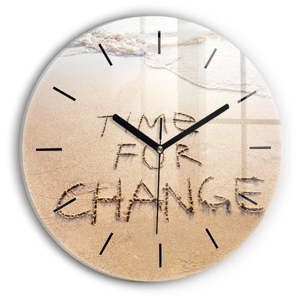 Kulaté skleněné hodiny s fotkou Citát na pláži