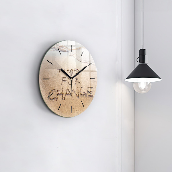 Kulaté skleněné hodiny s fotkou Citát na pláži