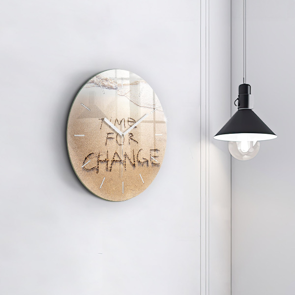 Kulaté skleněné hodiny s fotkou Citát na pláži