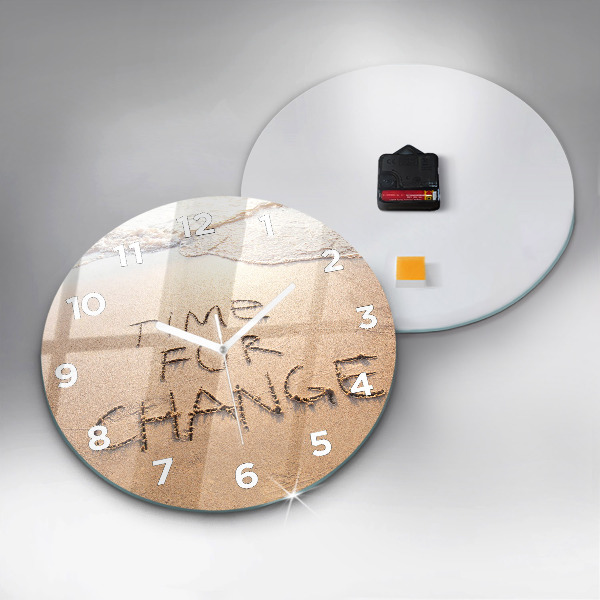 Kulaté skleněné hodiny s fotkou Citát na pláži