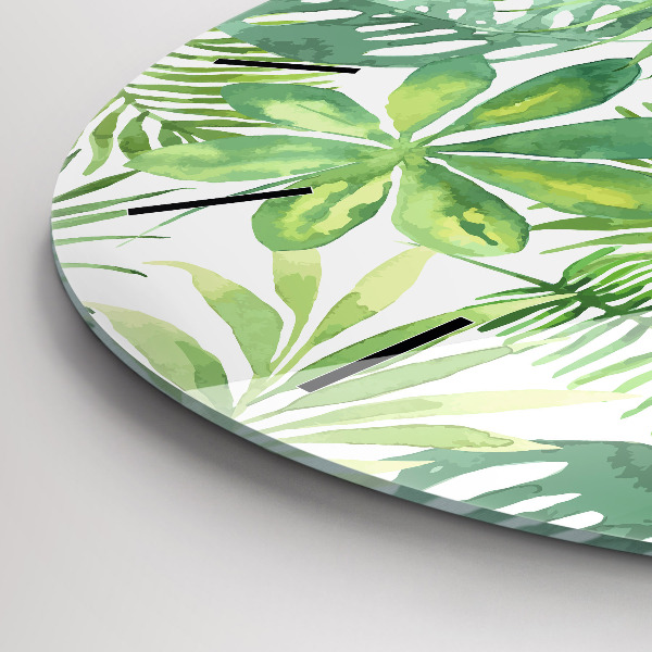 Kulaté skleněné hodiny s fotkou Zelené listy