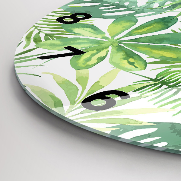 Kulaté skleněné hodiny s fotkou Zelené listy