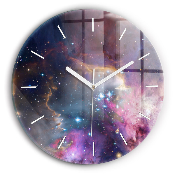Kulaté skleněné hodiny s fotkou Galaxie a hvězdy