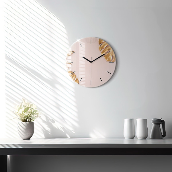 Kulaté skleněné hodiny s fotkou Zlaté tropické listy