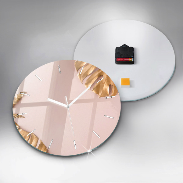 Kulaté skleněné hodiny s fotkou Zlaté tropické listy