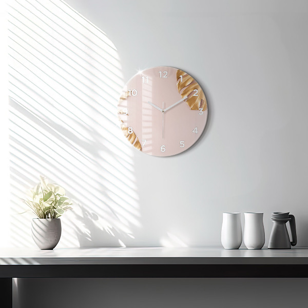 Kulaté skleněné hodiny s fotkou Zlaté tropické listy