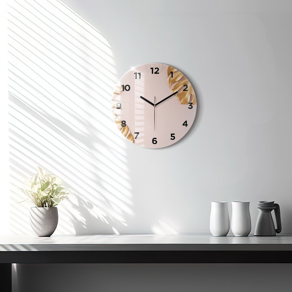 Kulaté skleněné hodiny s fotkou Zlaté tropické listy