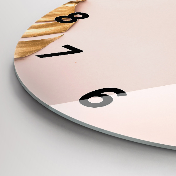 Kulaté skleněné hodiny s fotkou Zlaté tropické listy