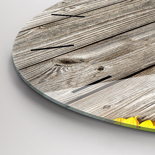 Kulaté skleněné hodiny s fotkou Slunečnice na prknech