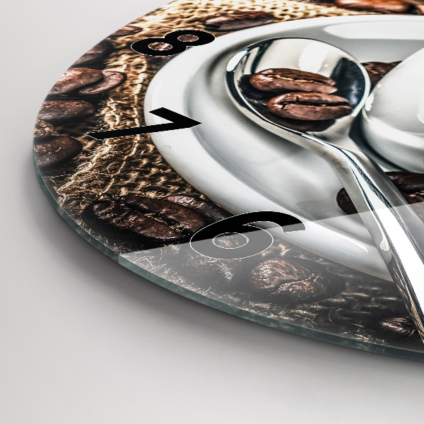 hodiny na skle Šálek a kávová zrna