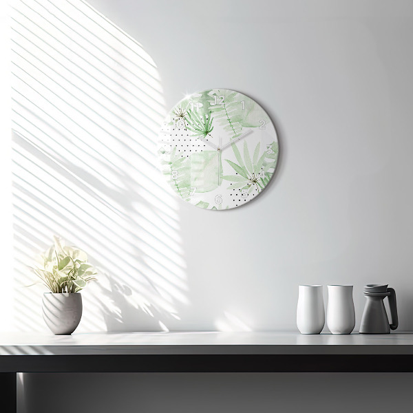 hodiny na skle Zelené listy
