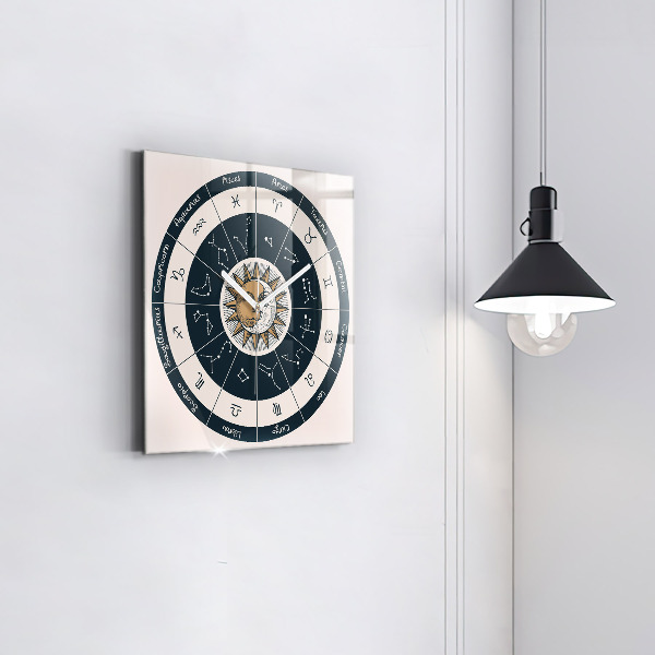 Skleněné nástěnné hodiny Souhvězdí zvěrokruhu na modrém pozadí